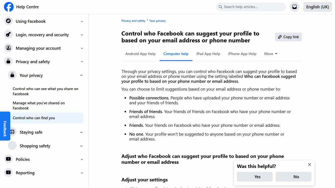Control who Facebook can suggest your profile to based on your email address or phone number | Facebook Help Centre